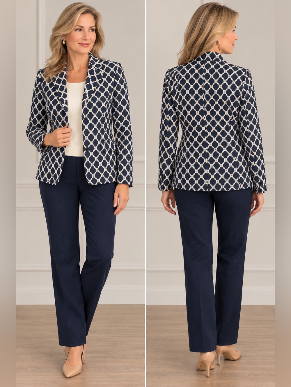 Talbots Navy Ivory Geometric
Jacquard Cotton Blazer Size 12